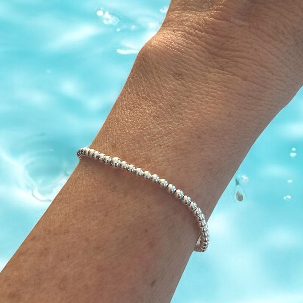 Bead Bracelet Sterling silver stretch beads, 3mm no tarnish waterproof .…